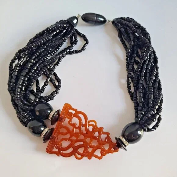 Chunky Fiocchi Italy choker necklace Totem Figure Angela Caputi 1980s Orange - Picture 1 of 9